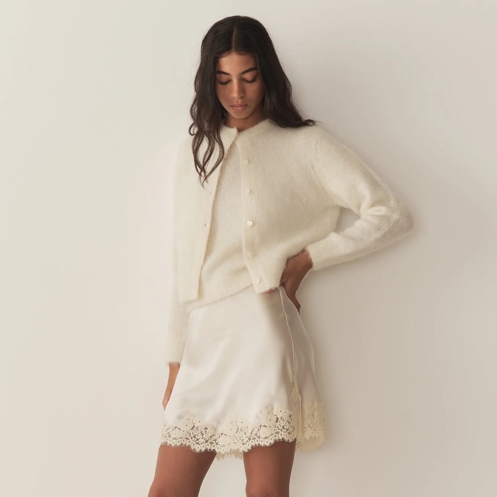 NWT Doen Lilette Alpaca Wool Fuzzy Brushed Crew Cardigan Sweater Sea Salt Cream